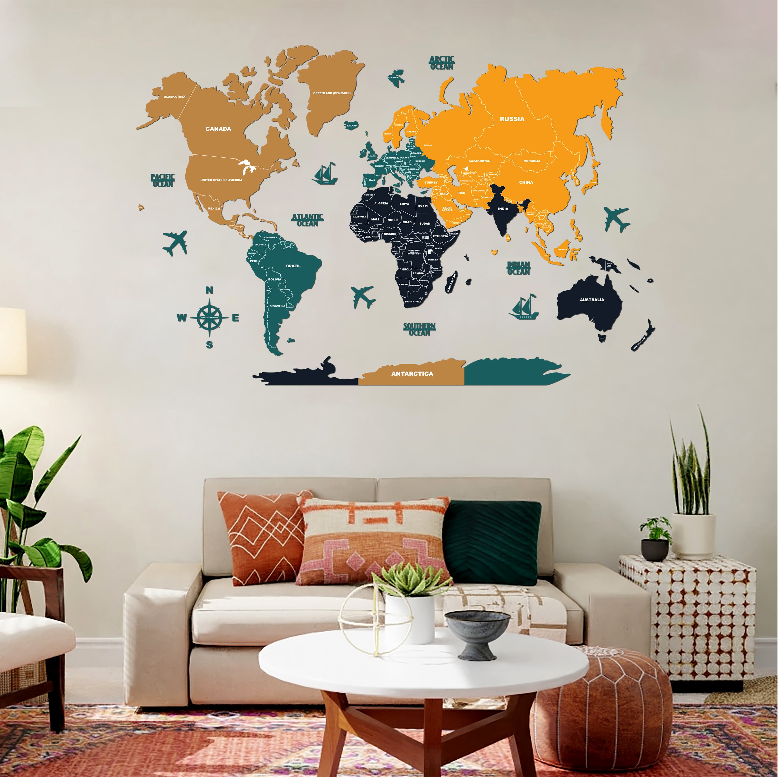2D Wooden World Map for Wall Sepia and Amber Arcedior