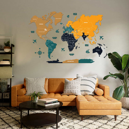 2D Sepia and Amber Wooden World Map for Wall | World Map Wall Art