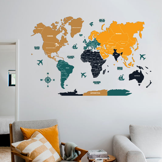 2D Wooden World Map Wall Art