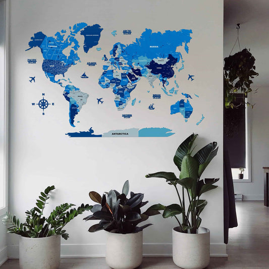 3D Tory Blue Wooden World Map for Wall | A Map of The World