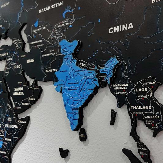 2D Black & Blue Wooden World Map for Wall