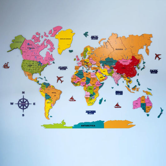 3D Colorful Wooden World Map for Wall | Colored World Map