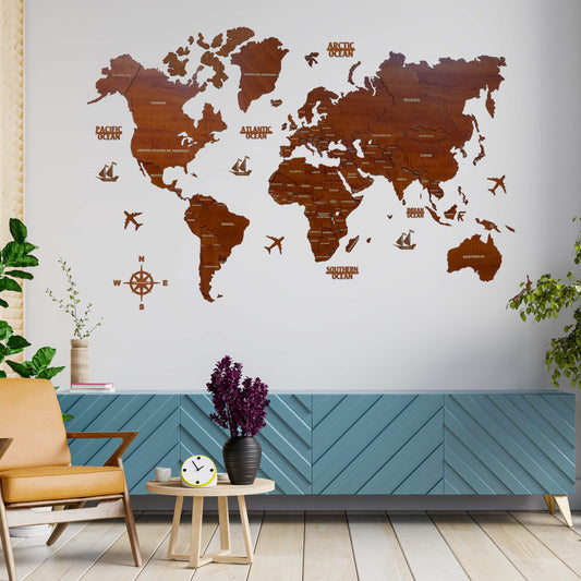 2D Brown Wood World Map Wall Art