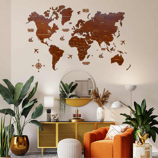 2D Wood World Map for Wall Decor Brown