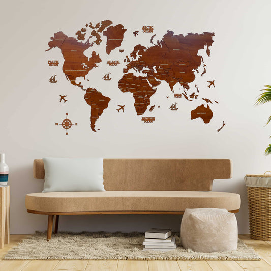 2D Wood World Map for Wall Brown