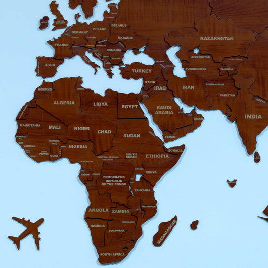 2D Wooden World Map for Wall Brown