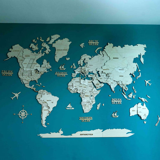 3D Natural Wooden World Map for Wall | World Map with Countries