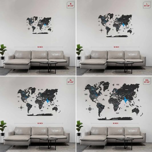 Black and blue 2d world map wood