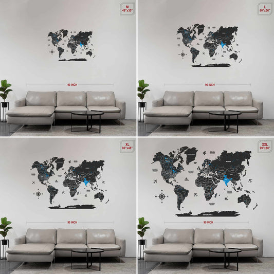 Buy 2D Wooden World Map for Wall - Black & Blue | Arcedior