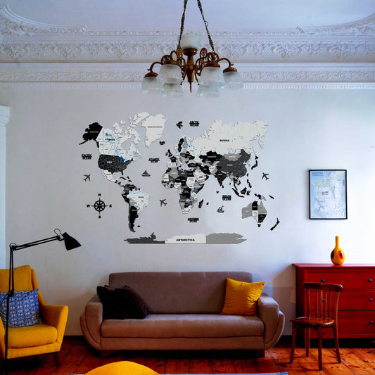 3D World Map for Wall Black and Grey