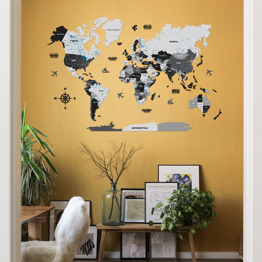 3d wooden map of the world Black and Grey