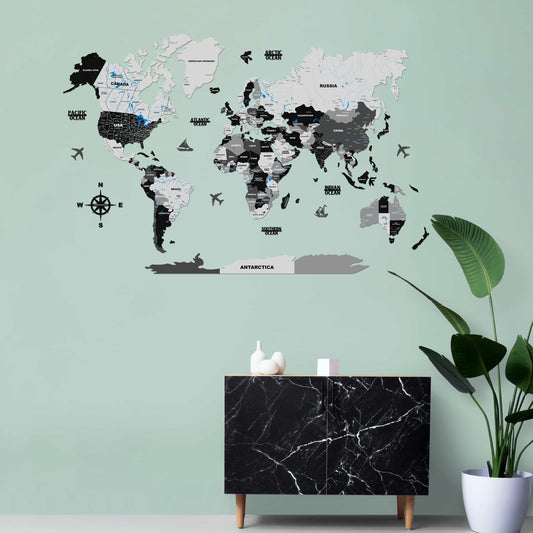 Wooden World Map 3D Black and Grey