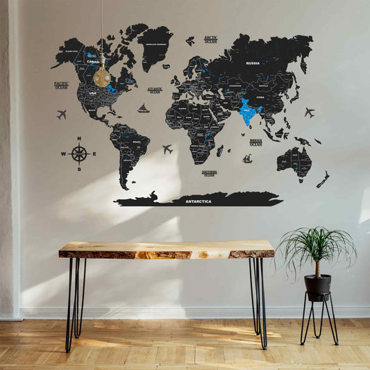 Black and blue wood world map