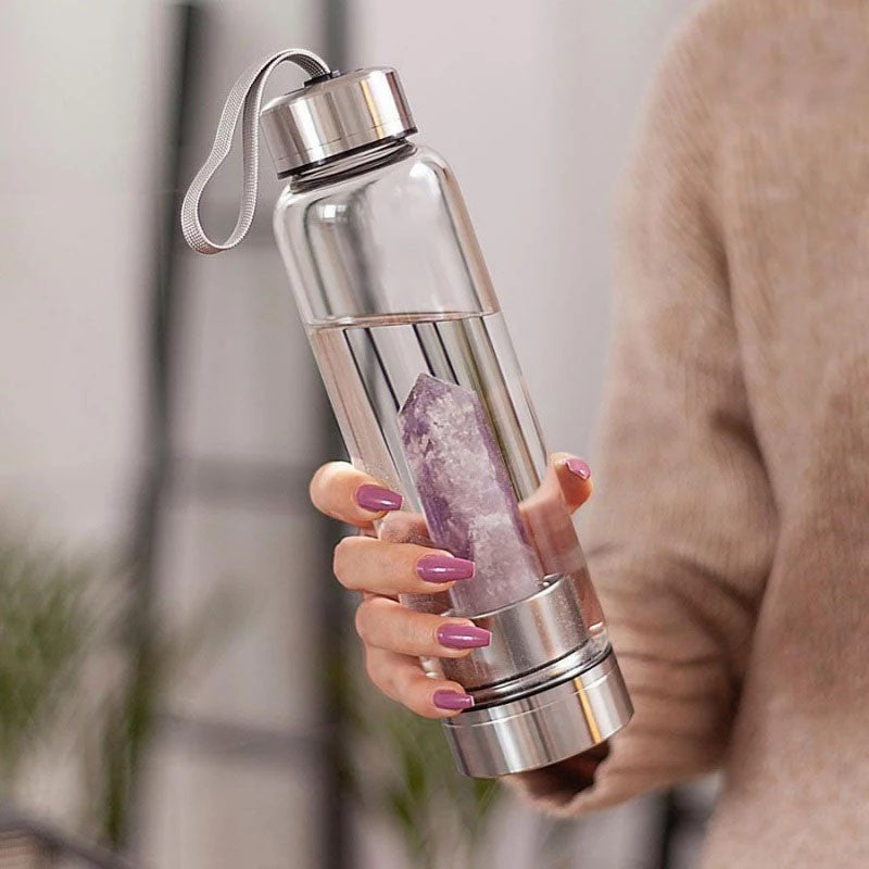PROW Crystal Water Bottle Mit Amethyst - Edelstahl & Glas, 550 Ml, Lila Heilstein-Energie