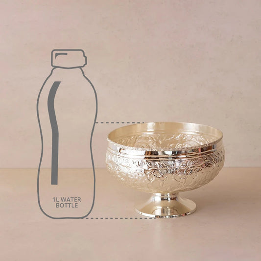 Size comparison of silver bowl with bottle