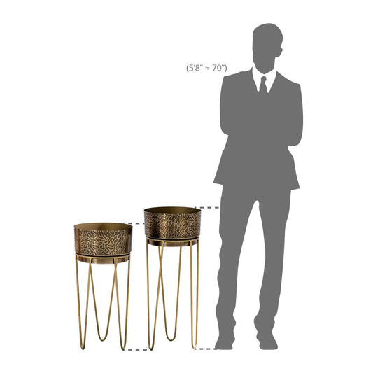 Height comparison of man with antique planter set