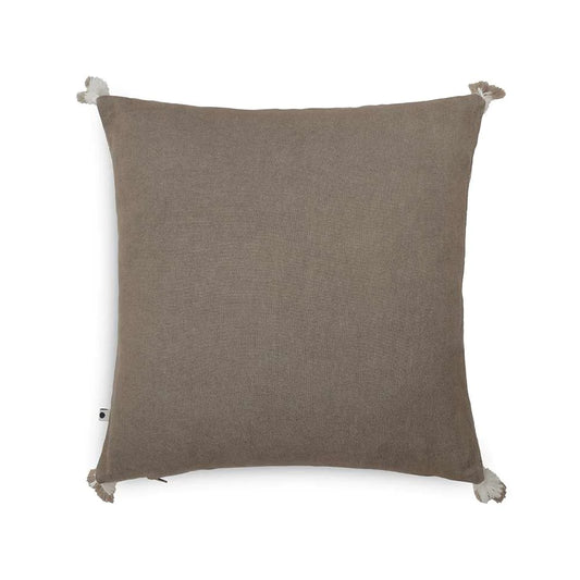 Throw pillow in taupe color with pom pom