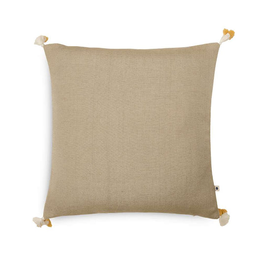 British tan cushion cover with pom pom