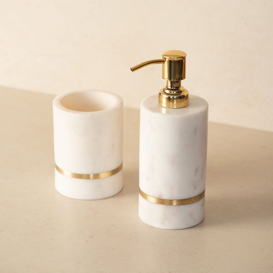 Aurelia Marble With Brass Bathroom Accessories Set of 2 | Marble Soap Dispenser with Tumbler