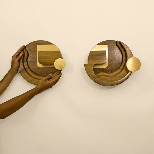two wooden wall lights