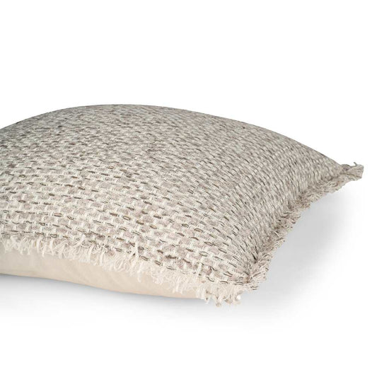 Close view of foggy dew cushion cover with soft fringe