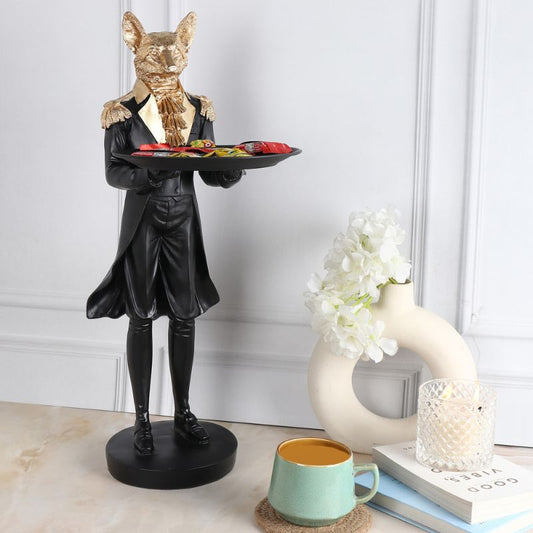 Standing Wolf Showpiece Statue With Tray | Home Decor Item | Black & Gold