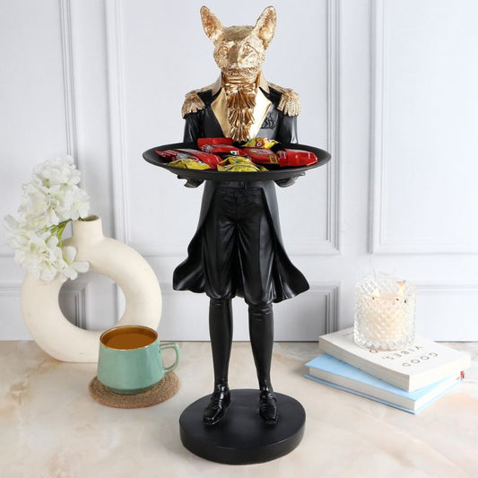 Standing Wolf Showpiece Statue With Tray | Home Decor Item | Black & Gold