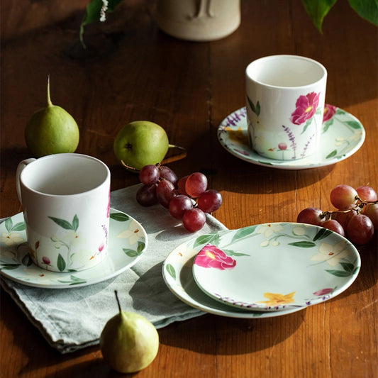 Pastoral Tea Cups with Appetizer Plates Set of 6 | Porcelain Crockery Set