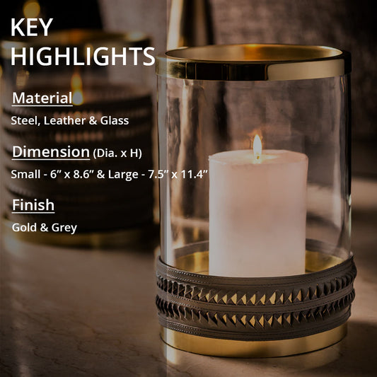 key highlights of candle holder with grey woven leather
