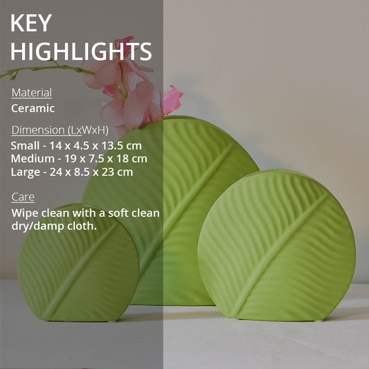 key highlight of leaf shaped green ceramic vase