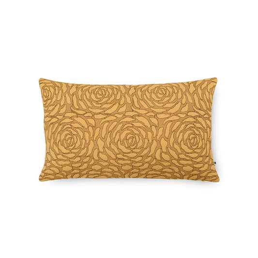 Rectangular yellow throw pillow with rose print