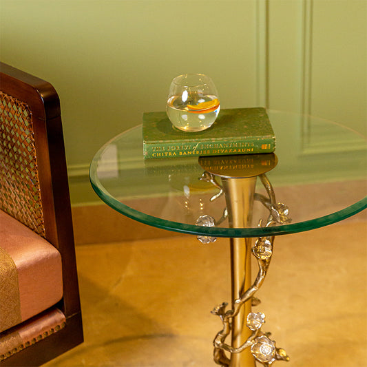 table with glass top for books and drinks